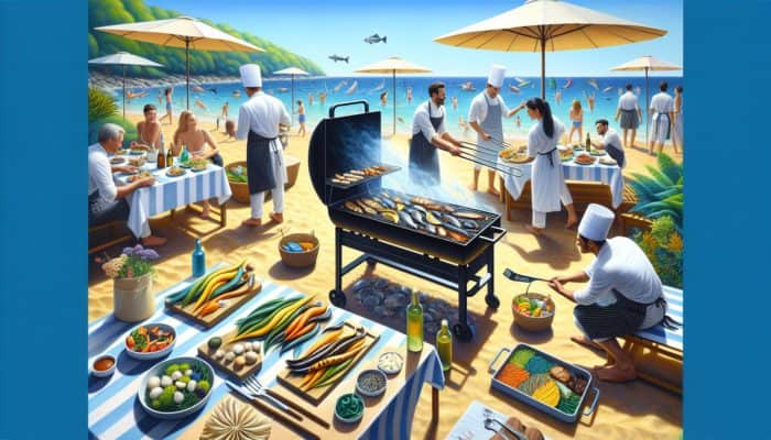 Culinary experts grilling and tasting various seaweeds on a beach BBQ, surrounded by vibrant side dishes.
