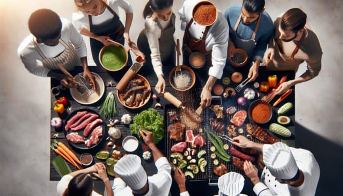 Culinary experts marinating meats in kelp blend and sprinkling dulse flakes over grilled items at a BBQ.