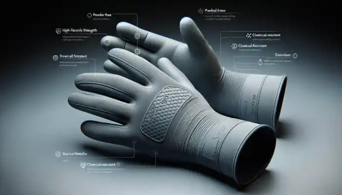 High-tensile strength latex gauntlet gloves featuring textured surfaces, powder-free, chemical-resistant, and safety-certified.