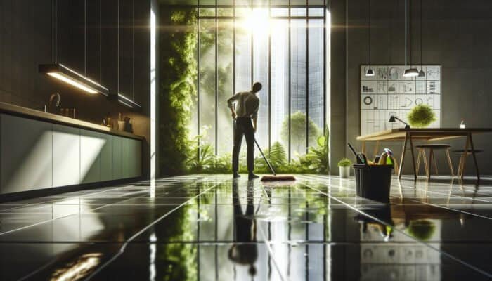 Individual in West Dunbartonshire cleaning slate floors using eco-friendly solutions, natural light, and greenery visible.