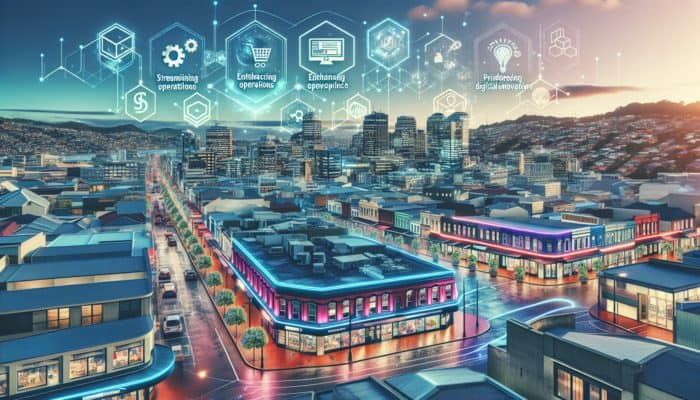 A vibrant Wellington cityscape featuring small shops, bustling streets, and expert discussions on e-commerce for small enterprises.