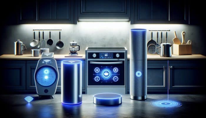 A modern kitchen showcasing voice-activated gadgets like Amazon Echo, Google Nest Hub, smart oven, and coffee maker.