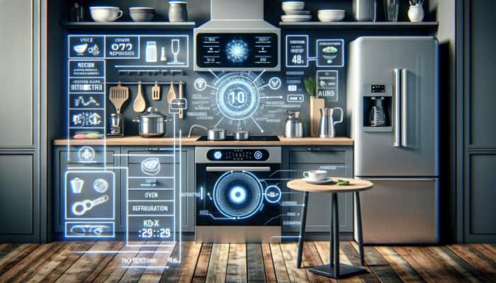A smart kitchen demonstrating voice-activated control of oven, fridge, coffee maker, displaying recipe and timer.