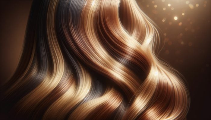 A rich, dimensional bronde hair color featuring tobacco and blonde hues, soft highlights, and a smoky finish.