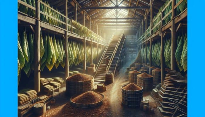 Illustration depicting tobacco leaves curing in a rustic barn, highlighting color transformation and drying racks.