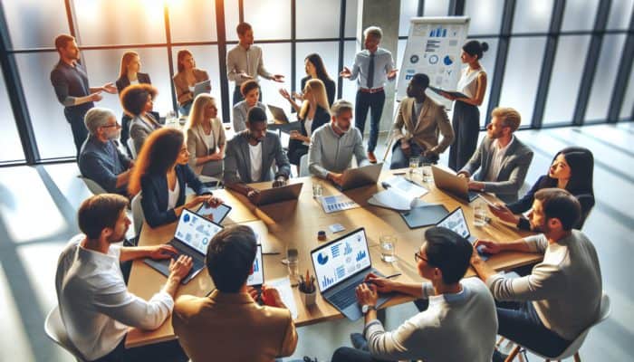 Business owners in Bampton collaborating with tech experts during an e-commerce workshop using laptops.