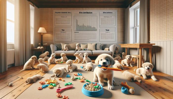 A playful puppy with teething toys, surrounded by other puppies in a cozy room, learning bite inhibition.