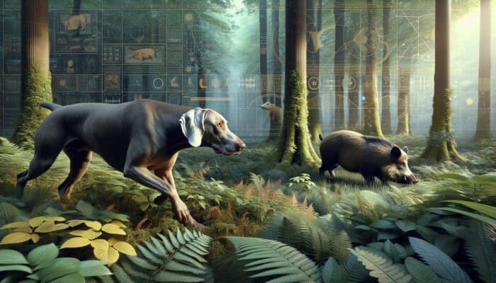 A Weimaraner tracking a boar in a 19th-century German forest, showcasing its hunting skills.