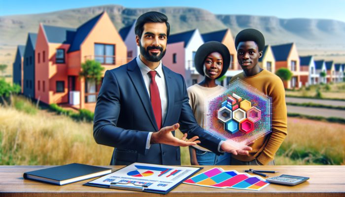 Real estate agent presenting expert strategies to a young couple, with entry-level homes in the background, Makhanda.