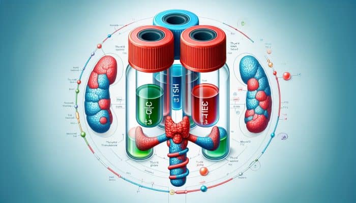 Thyroid Blood Test in Telford: Illustration of thyroid blood test vials labeled TSH, T3, T4, with thyroid gland and metabolism background.