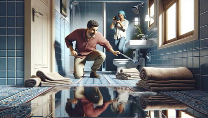 Person turning off shower, using towels to catch leaks, while another is photographing and calling for help.