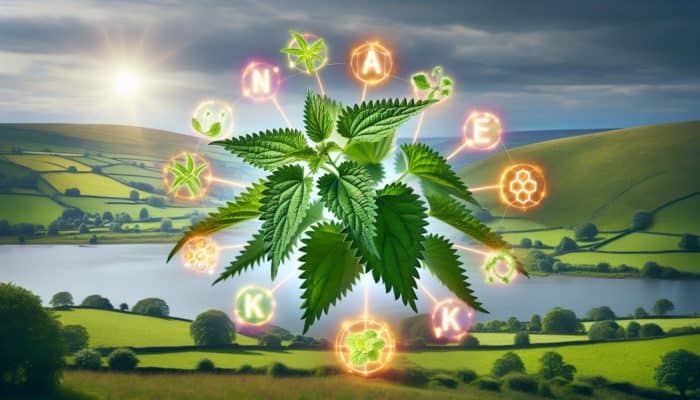 Herbs for Glowing Skin Naturally: A lush nettle plant surrounded by vitamins A, C, K, and B, soothing inflamed skin in a beautiful UK landscape.