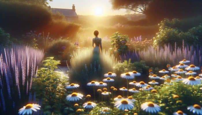 A person in a UK garden at dawn, showcasing radiant skin enhanced by glowing herbs like chamomile and lavender.