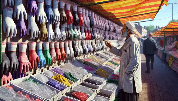 Individual in Eastleigh market examining durable polythene gauntlet gloves at a vendor's stall.