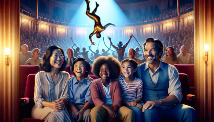 Family enjoying the captivating acrobatic performance at Cirque du Soleil "O" in Las Vegas theater.