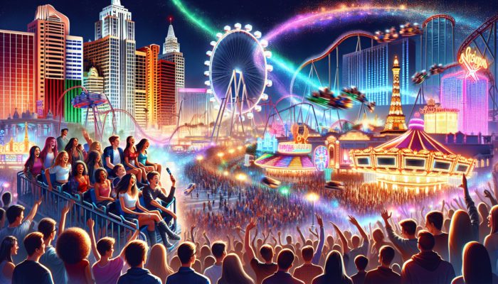 Teenagers reveling in thrilling rides and shows under the dazzling lights of Las Vegas at night.