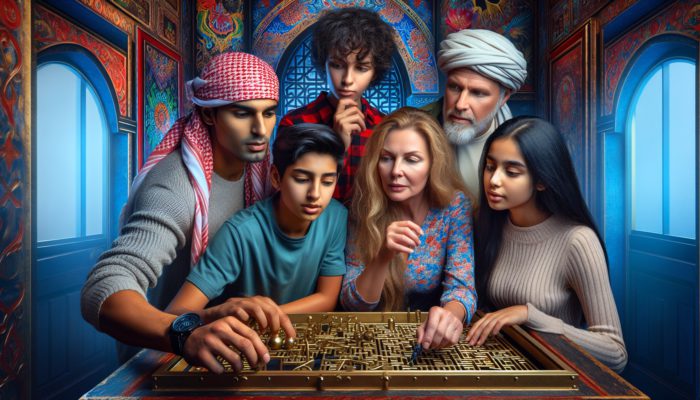 A family actively engaged in a vibrant Las Vegas escape room, solving puzzles together with excitement and focus.
