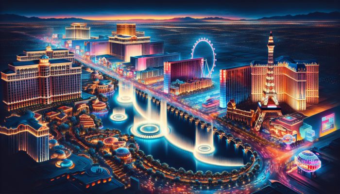 A stunning nighttime view of Las Vegas showcasing the Bellagio Fountains, High Roller, and the iconic neon-lit Strip.