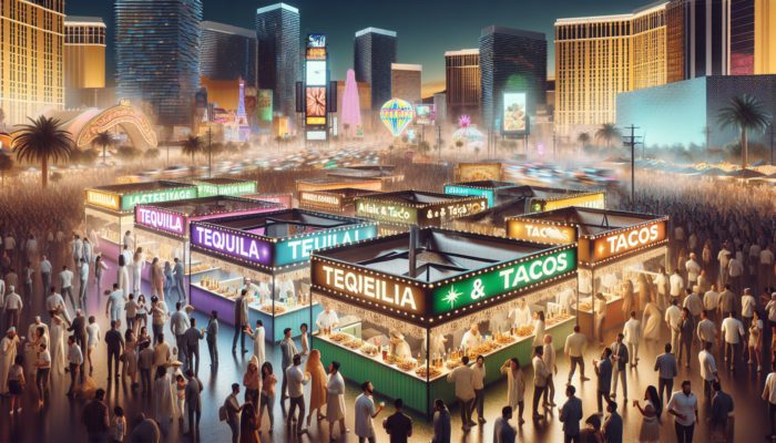 Vibrant Tequila & Taco Fest in Las Vegas showcasing booths, tequila tasting, and tacos amidst lively nightlife.