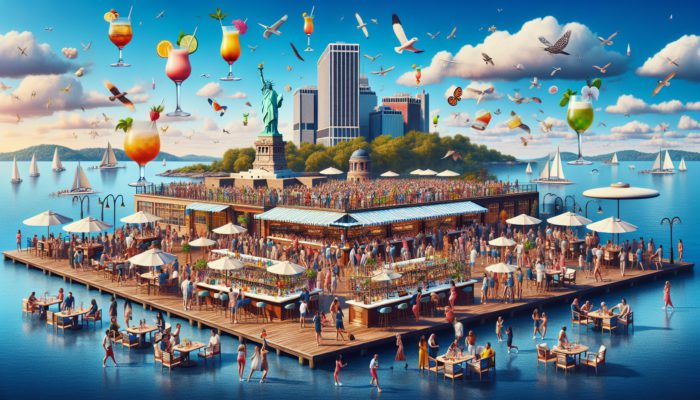 People enjoying colorful cocktails at Ellis Island bars, festive atmosphere, clear blue sky.