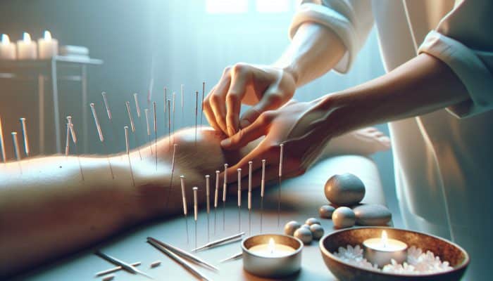 A calming acupuncture session targeting gout, with needles placed around inflamed joints and distal points, in a serene environment.