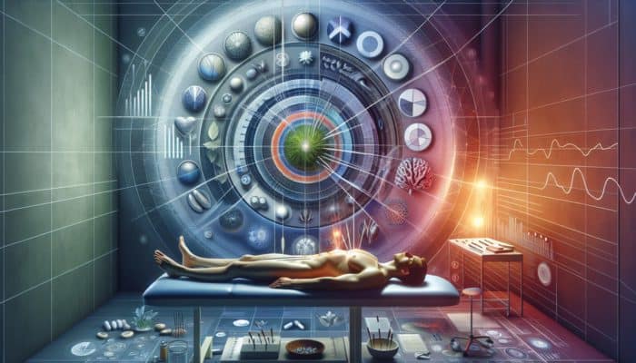 A peaceful acupuncture session in a modern UK clinic, with a gout patient experiencing relief, surrounded by charts and case studies.