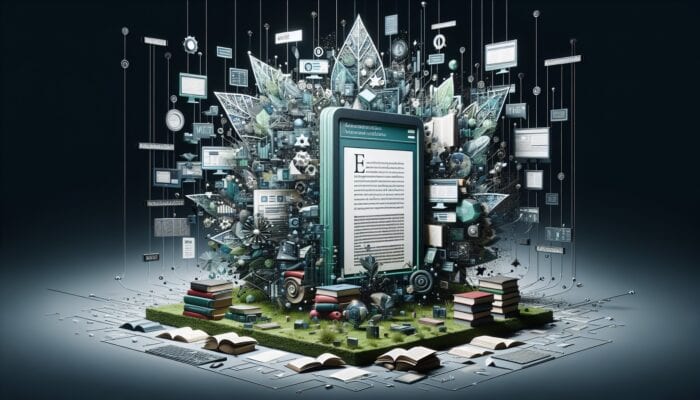 A detailed webpage with evergreen content, surrounded by books and links, symbolizing a cornerstone of knowledge.