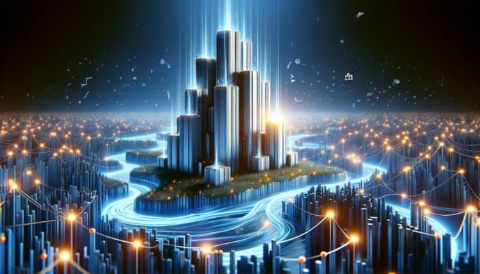 Luminous pillars symbolizing cornerstone content amidst swirling data streams and glowing backlinks.