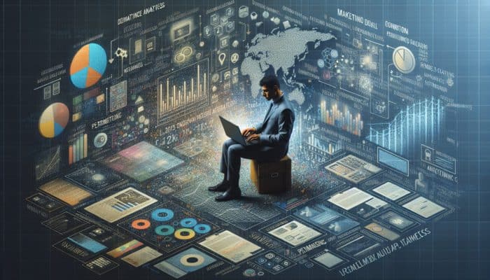 A local business owner in Ferndown analyzing marketing metrics on a laptop surrounded by related materials.