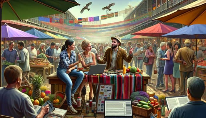 A small business owner collaborates with a local copywriter at a vibrant Ferndown community event.