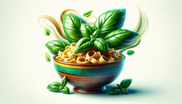 A bowl of pasta adorned with fresh basil leaves, elevating the dish's flavour and visual appeal.
