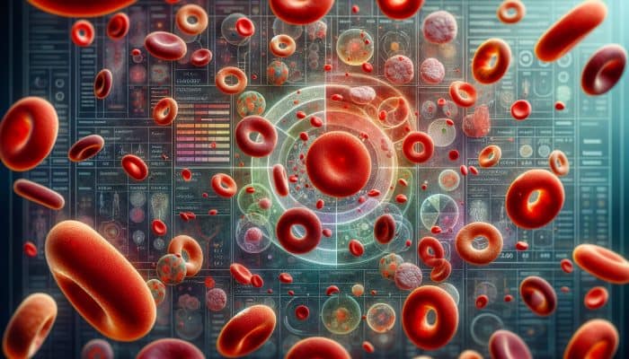 Illustration of Full Blood Count: red and white blood cells, platelets under microscope, with health function chart.