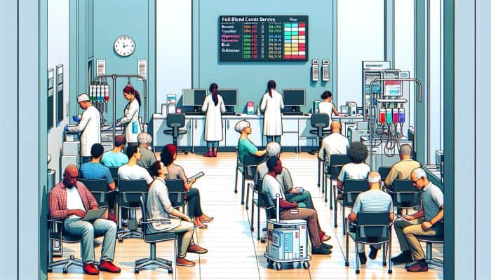 A bustling Chadderton health clinic with patients waiting for full blood count services, equipped with modern medical tools and friendly staff.