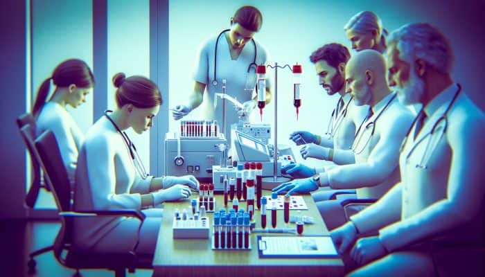 Illustration of FBC test in Chadderton clinic, professionals analysing results for early detection of anaemia and infections.