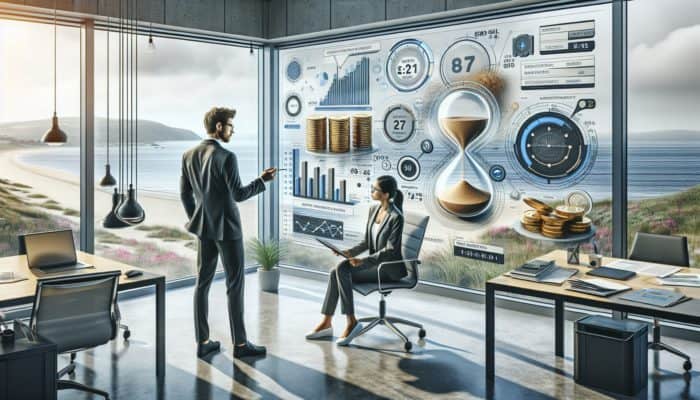 A web developer presenting a detailed timeline and budget proposal to a Barnstaple business owner in a modern office with a coastal view.