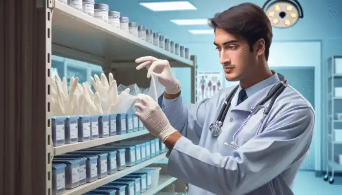 A healthcare professional in Bedford examining sterile glove boxes on a hospital shelf.