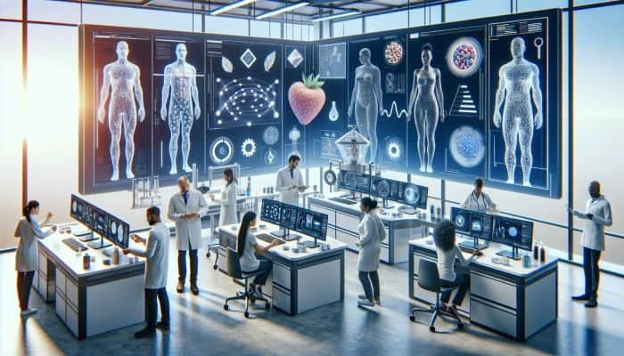 A contemporary laboratory equipped with advanced technology for precise food intolerance testing, showcasing diverse individuals receiving personalized dietary advice.