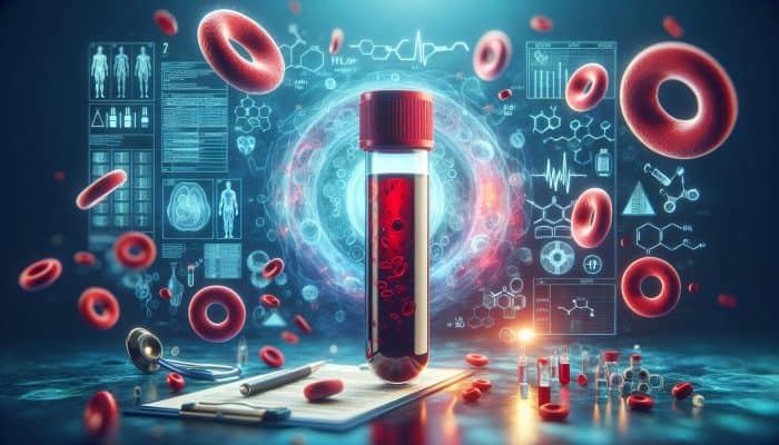 Ferritin Blood Test in Droylsden: Illustration of ferritin blood test featuring a blood vial, ferritin proteins, red blood cells, and iron storage in a clinical context.