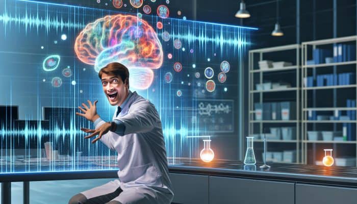 Depression Research Updates: A scientist in a UK lab with brain scans and charts, discussing new depression research breakthroughs.