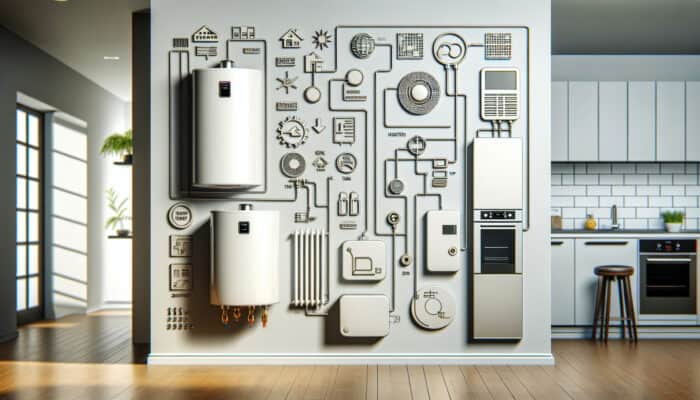 Water Heater Services in Port Coquitlam: A modern kitchen featuring three labeled water heaters: tankless, traditional tank, and eco-friendly heat pump.