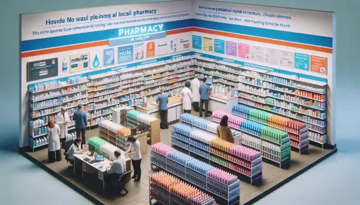 Nitrile Gloves in Harlow: A busy Harlow pharmacy displaying nitrile gloves on shelves, staff assisting customers, and promotional signage visible.