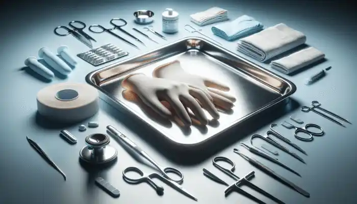 Close-up of hypoallergenic nitrile gloves arranged on a medical tray with various tools in a sterile hospital environment.
