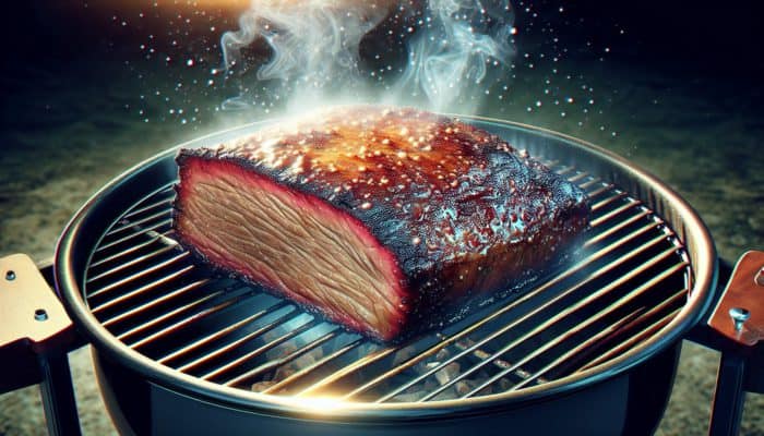 A close-up of a succulent, basted brisket on a BBQ grill, glistening with moisture, showcasing tender, juicy texture.