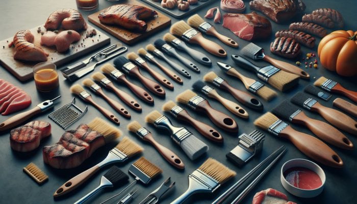 A variety of basting brushes on a kitchen counter with meats and grilling tools, showcasing different cooking styles.