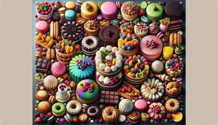 How to Make a Dessert Tower Display: A towering display of assorted desserts including macarons, éclairs, fruit tarts, mini cakes, cookies, and savory bites.