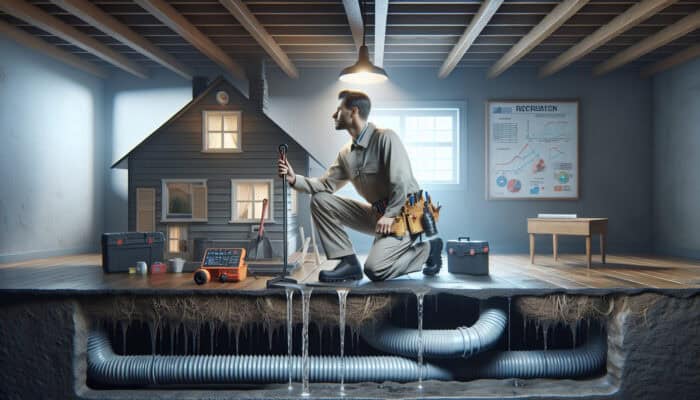 An expert evaluating a damp crawl space with modern drainage tools, ensuring quality and compliance with industry standards.