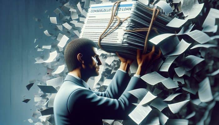 Can Anyone Get a Debt Consolidation Loan: UK Guide | DCL Can Anyone Get a Debt Consolidation Loan: A person relieved, holding a simplified loan document, surrounded by chaotic debt papers, symbolizing debt consolidation.