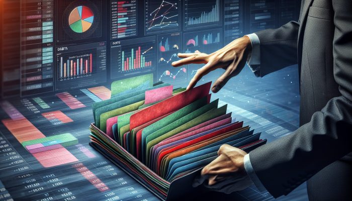 A person organizing colorful debt papers into one folder, symbolizing debt consolidation, with financial charts and calculator.