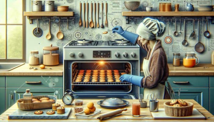 How to Bake Cookies Without Burning Them: A baker using a timer and gloves to monitor cookies baking in an oven, preventing burning.