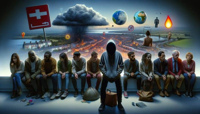 Mental Health Statistics Explained: A diverse group of young UK residents, some isolated or in therapy, amidst symbols of mental health issues and economic, global crises.